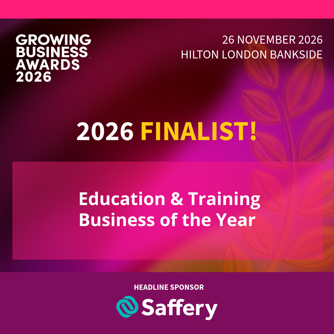 Growing Business Awards 2026 finalist banner: TESS Group shortlisted for Education and Training Business of the Year, ceremony 26 November 2026 at the Hilton London Bankside, headline sponsor Saffery.