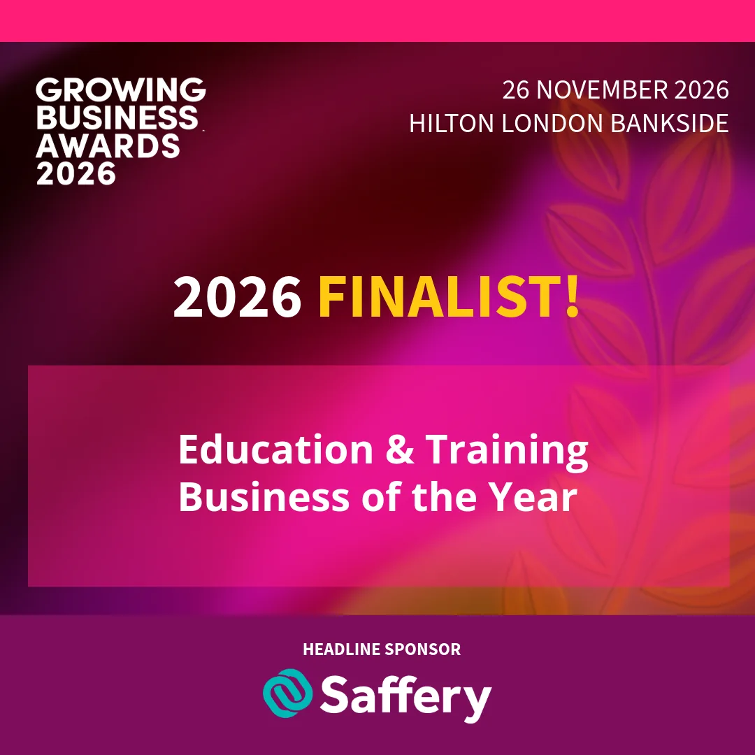 Growing Business Awards 2026 finalist banner: TESS Group shortlisted for Education and Training Business of the Year, ceremony 26 November 2026 at the Hilton London Bankside, headline sponsor Saffery.