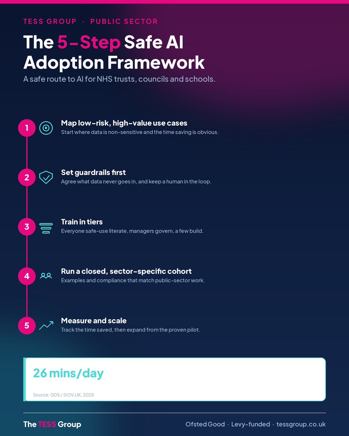 The TESS Group 5-step safe AI adoption framework for the public sector: map low-risk use cases, set guardrails, train in tiers, run a closed sector-specific cohort, then measure and scale.