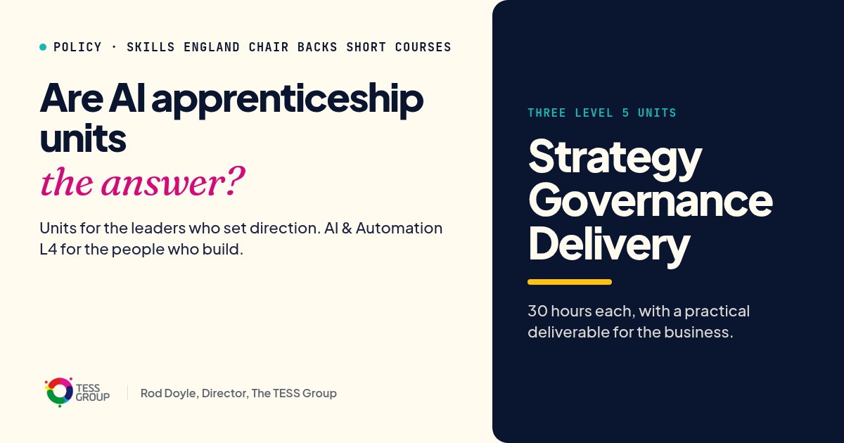 Are AI apprenticeship units the answer? Skills England chair backs short courses. TESS Group